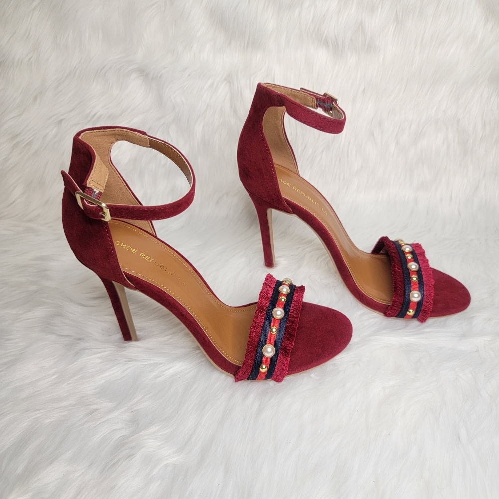 Suede ankle strap heels and rhinestones.